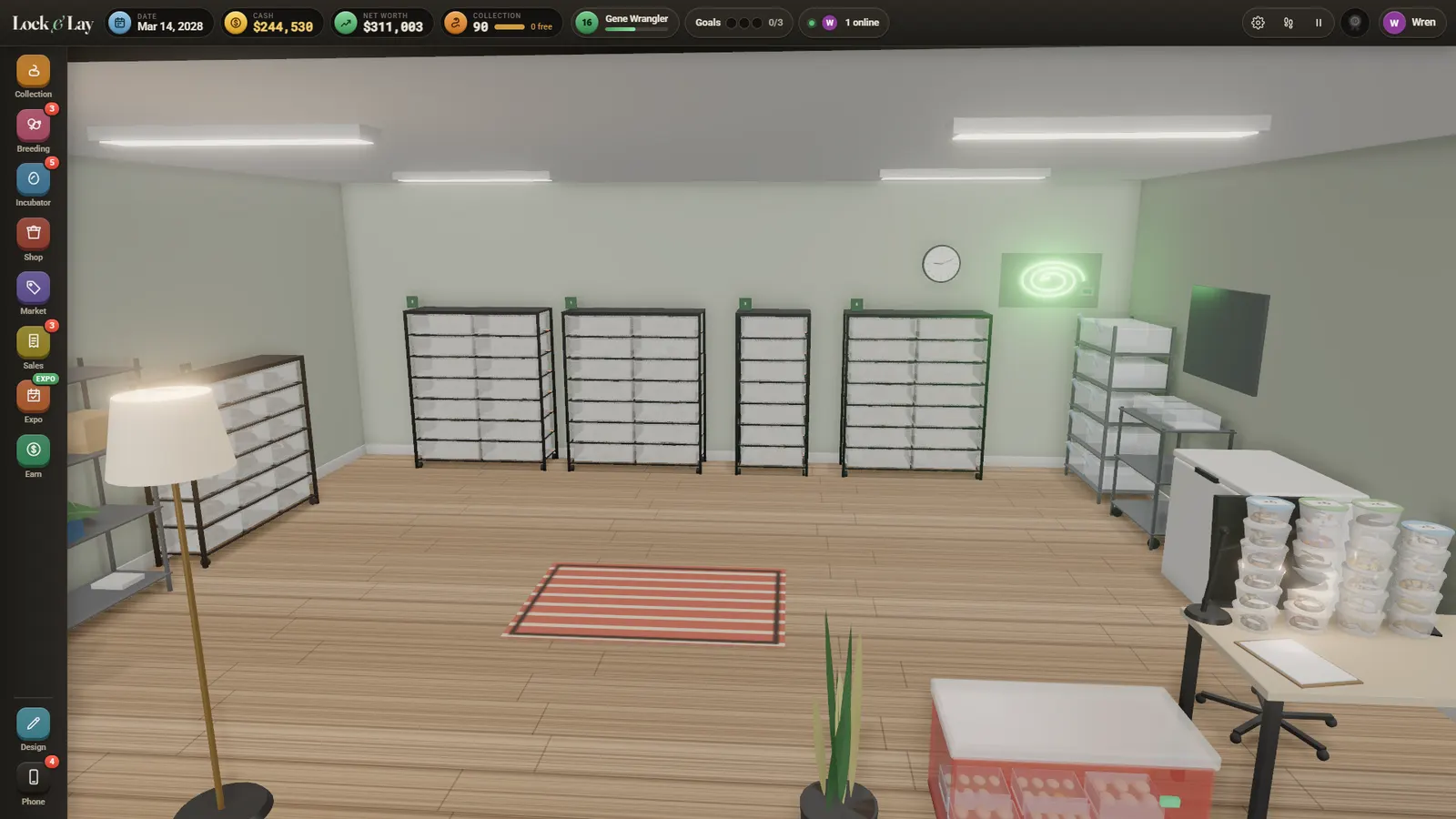 A snake room in Lock and Lay with racks, a desk, a lamp and plants